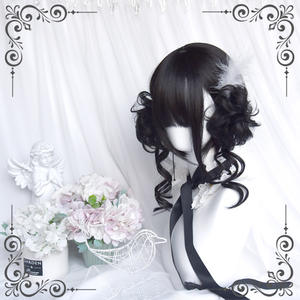 DM Women's Full Head Wig Black Short Straight Cosplay Hairpiece With Floral <b>Bun</b> Glueless Kanekalon Fiber Henan Origin - Product Image 2