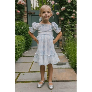 Vestido vintage para niñas, manga abombada corta <span class=keywords><strong>con</strong></span> puños elásticos, escote cuadrado elástico <span class=keywords><strong>con</strong></span> volantes - Product Image 5