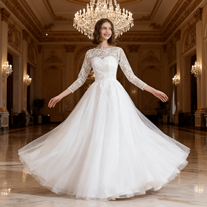 فستان زفاف عصري جديد فاخر وأنيق من الدانتيل الأبيض النقي بقصة A-Line، طول الأرضية، بلمسة طبيعية ورباط خلفي، صديق للبيئة وطويل - Product Image 3