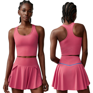 Conjunto Deportivo de Secado Rápido de Cintura Alta para Mujer, Top Corto con Cuello en U y Falda/Pantalones Cortos/Vestido de Tenis de Poliéster Elástico, Personalizable - Product Image 1