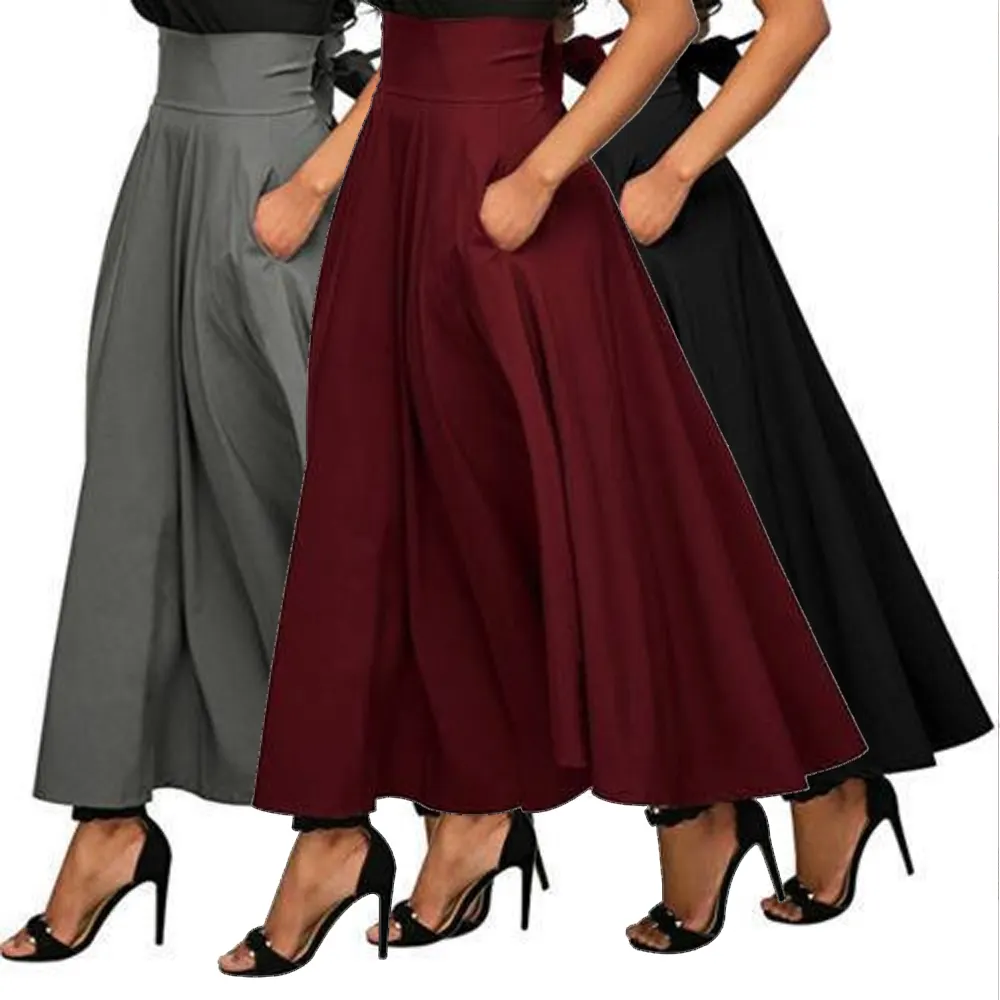 高品質ファッション女性女の子無地ボウベルトビッグファッションプリーツロングボヘミアンマキシスカート