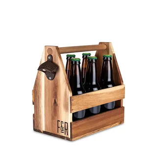 Stonebriar Drink Local wood Beer Caddy with Handle and Metal Bottle Opener, Large, Brown