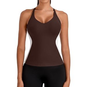 Camiseta deportiva acanalada para mujer FOXA con sujetador incorporado, diseño de bloques de color, espalda cruzada, para yoga, que absorbe el sudor, camisola atlética - Product Image 1