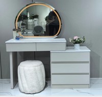 Table de maquillage de luxe en panneaux de fibres à densité moyenne avec revêtement PVC gaufré et éclairage, table de maquillage haut de gamme pour chambre ou hôtel