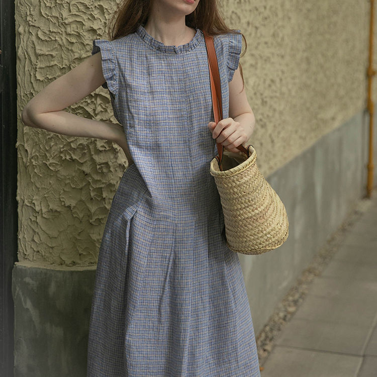 100% pure linen casual gingham dress women's sleepwear linen pajama woman Sleep Dress night Gown lounge dress