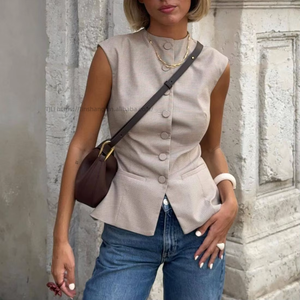 Nuevo Chaleco sin Mangas con Botones a Cuadros, Corte Ajustado, para Uso Diario, Moda Femenina - Product Image 1