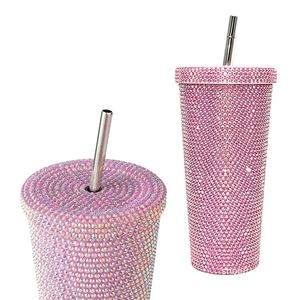 Gobelet isotherme personnalisé en acier inoxydable de 500 ml et 750 ml, avec strass effet diamant, couvercle et paille, idéal pour la gym - Product Image 3
