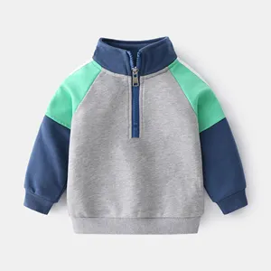 Custom Logo Boys Sweater Quarter Zip Up Mock Neck Pullover Kids color contrast Top