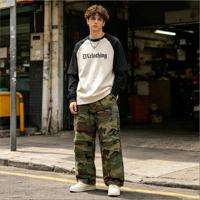 Pantalon cargo American Vintage Grunge Woodland de luxe, 450 GSM, coupe ample, délavé à l'acide, multi-poches, style streetwear