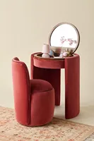 Coiffeuse Idao avec miroir pliable et tabouret, table de maquillage d'angle en bois, tabouret de rangement cylindrique