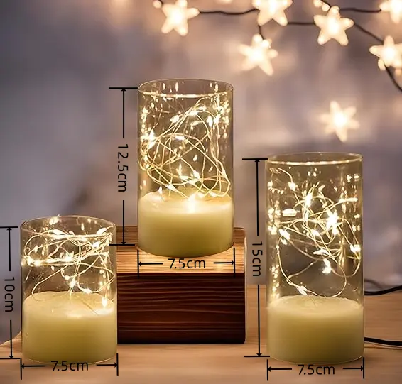 Gold Glass Set of 3 Fairy Light Candles with Remote Battery Operated Flameless Led Candles for Wedding  Party  Decoration