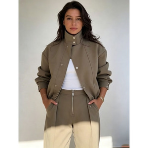 Ensemble de tenue 2 pièces pour femmes, veste bomber boutonnée à col montant et pantalon large à taille haute, ensemble assorti décontracté - Product Image 2