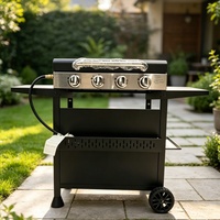 Grill à gaz à surface plate, barbecue au propane, cuisson en plein air, acier inoxydable, revêtement en poudre noire, avec tables latérales, 4 brûleurs