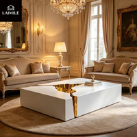 Ensemble de tables basses de luxe bleu et blanc avec peinture effet craquelé doré, table centrale artistique pour salon, villa, décoration, mobilier