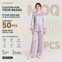 Ensemble deux pièces pour femmes en satin violet clair, avec poignets en plumes, vêtements de détente, vêtements de nuit, fabrication sur mesure, étiquette privée OEM