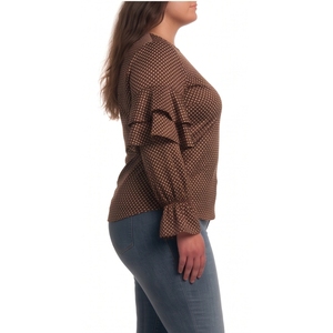 Women's Vintage Breathable Brown Polka Dot Chiffon Blouse O-Neck <b>Cap</b> <b>Sleeve</b> Loose Fit Casual Daily <b>Top</b> All Seasons - Product Image 2