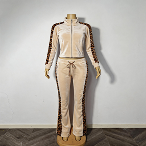 <strong>Womens</strong> Leopard Print 2 Piece Fall Streetwear <strong>Tracksuit</strong> With Stand Collar <strong>Velvet</strong> Jacket and Pants Color Block Outfit Custom logo - Product Image 6