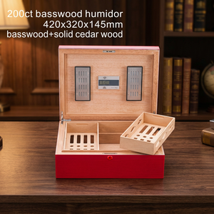 Humidor para 200 Cigarros SIKARLAN de Alta Calidad, Modelo 1031-R, Diseño Europeo, Gabinete de Madera con Acabado en Laca Roja, Ecológico - Product Image 2