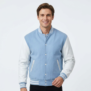 Wegsy Sports Men's Blue Varsity Jacket Wool/Viscose Sleeves Regular Fit <b>Covered</b> <b>Button</b> Closure Solid Color Casual HIGH STREET - Product Image 1