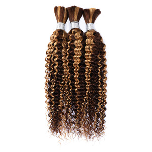 P4/27 Mèches de cheveux humains ondulés profonds avec mèches mèches miel, tissages de cheveux bouclés brun miel, lots de 3 mèches, extensions de cheveux vierges pour queues de cheval - Product Image 1