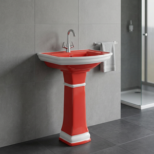 Lavabo Cuadrado Tradicional de Cerámica Blanca con Pedestal Completo y Diseño Dorado Impreso, Juego de Lavabo para Baño - Product Image 2