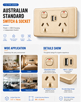 Interrupteur mural doré standard australien 10A 6 prises 1-5 gang avec interrupteur d'éclairage et adaptateur USB Type C SDK prise AU