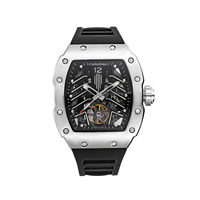 Montre mécanique automatique squelette tonneau, boîtier en acier inoxydable, bracelet en caoutchouc silicone, cadran ajouré lumineux et étanche