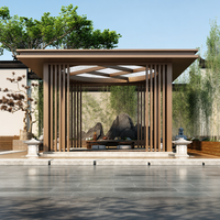 Pavillon oriental à toit rigide avec écrans en treillis métallique et table à thé pour cour et bord de piscine