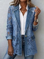 Blazer en jean pour femme avec dentelle florale, manches longues, bouton unique, décontracté, élégant, veste de bureau avec poches