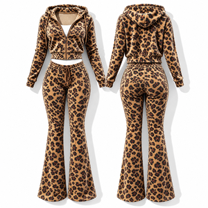 Custom <strong>Women</strong> Leopard 2 Piece Velour Tracksuit Rhinestone Logo Long Sleeve Zipper <strong>Top</strong> Flare Pants Set Y2K <strong>Velvet</strong> Sets <strong>for</strong> <strong>Women</strong> - Product Image 1