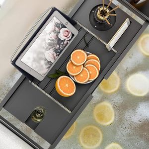 Di lusso in legno di bambù pieghevole mensola vasca da bagno Spa vassoio contenitore Organizer con portasapone Non Slip e porta libri accessori - Product Image 5