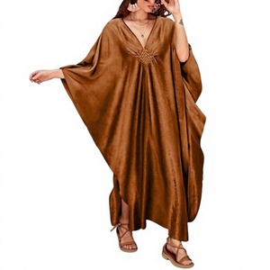 V Neck Maxi Abaya <b>Dress</b> Batwing Sleeve <b>Loose</b> Fit Asymmetrical Hem Solid Color Women's Daily Wear Polyester Ramadan Breathable - Product Image 1