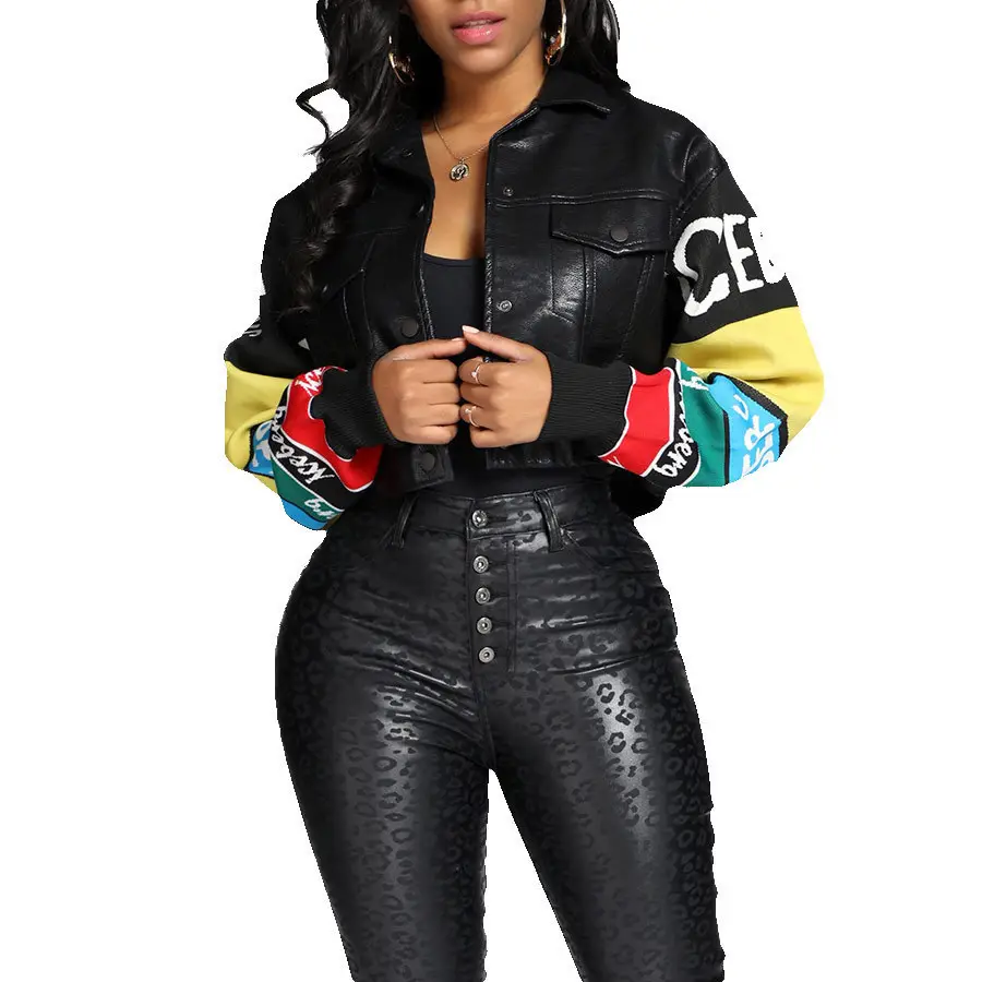 2023 calidad personalizada Color bloque remaches Biker Vintage bordado impresión Pu Faux cuero chaquetas para damas mujeres