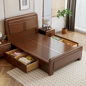 Lit en bois massif de style nordique 1,8 m avec rangement, lit de mariage pour chambre principale 1,5 m, lit moderne minimaliste pour appartement - Product Image 4