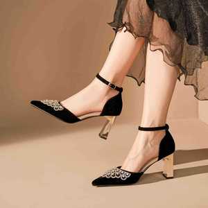 Zapatos de Novia con Tacón Cuadrado, Tira en el Tobillo, Decoración de Pedrería, Punta en Pico, Terciopelo Sólido Ligero, Modelo 7500H-225 - Product Image 4
