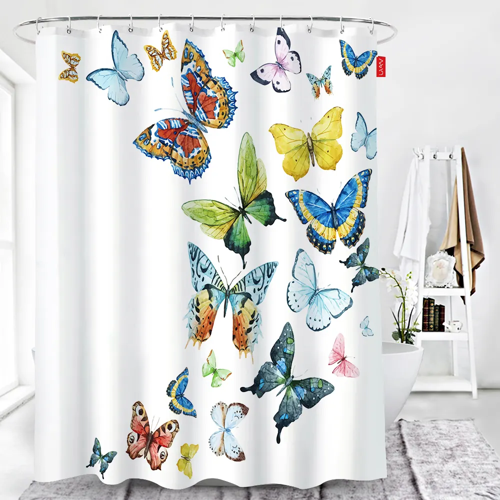 Uvan Butterfly digital custom wholesale waterproof 100% polyester fabric printing shower curtain for bathroom