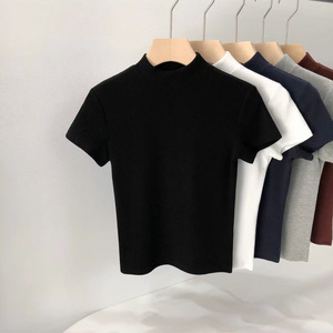T-shirt en tricot à col haut et manches courtes pour femme, coton côtelé, coupe ajustée, gris, blanc, noir, bleu marine - Product Image 4