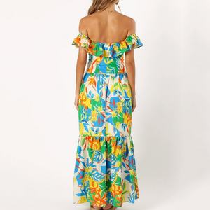 Robe longue à imprimé plage, col en V à volants, taille nouée, robe maxi en lin et coton de haute qualité personnalisée - Product Image 5