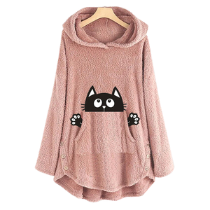 Sweat-shirt d'hiver surdimensionné à manches longues et épaules tombantes pour femme, en polaire rose avec imprimé de chat de dessin animé - Product Image 1