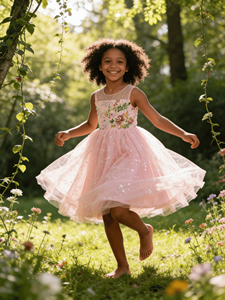 Robe de bal en tulle à col carré et imprimé étoiles pour filles, broderie florale, robe de fête d'anniversaire pour enfants - Product Image 2