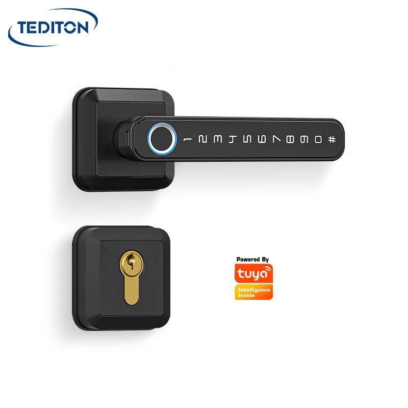 TeditonWifi携帯電話木製ドアリモート指紋センサーハンドル電子ロックスマートドアロック