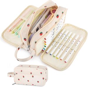Grande trousse à crayons mignonne avec poignée pour adolescents, cadeau unisexe - Grande trousse à 4 compartiments en velours côtelé, bleu ciel - Product Image 6