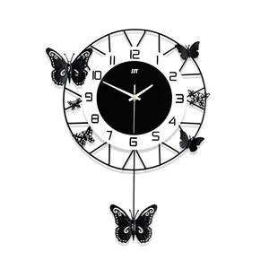นาฬิกาแขวนผนังโลหะสีดำ,อุปกรณ์ตกแต่งผนังบ้านห้องนั่งเล่นนาฬิกาแขวนผนังโลหะรูปทรงผีเสื้อสุดสร้างสรรค์