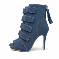 Bottines à bout ouvert en denim bleu pour femmes, talon aiguille de 12 cm, multi-bretelles, chaussures tendance, fabrication OEM ODM, vente en gros
