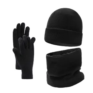 Winter solid color fleece inside hat scarfs touchscreen gloves unisex knitted tube snood neck warmer winter warm beanie sports