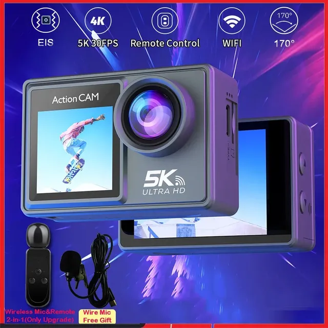5K 4K 60 FPS Action Camera Dual IPS Touch LCD EIS 170° DVR 30M Waterproof 5X Zoom Sport Camera With Wireless Mic & Pre Recording