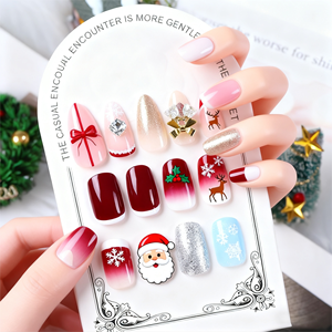 24 Uds <span class=keywords><strong>uñas</strong></span> postizas navideñas con lazo mariposa diamantes de imitación decorados prensa cuadrada corta en las <span class=keywords><strong>uñas</strong></span> DIY puntas de manicura falsas francesas - Product Image 1