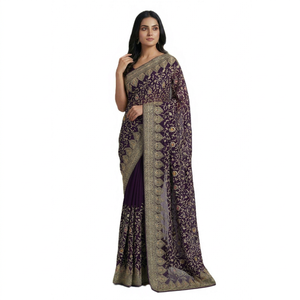 Sarees de Georgette para Novia RN, Bordado con Hilo Zari, Pedrería, Reversible, Casual, para Fiestas, Todas las Temporadas, Estilo Indio y Pakistaní - Product Image 1