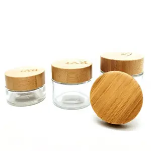 Empty Cosmetic packaging frosted clear skin care glass cream jar with Child resistant bamboo lid