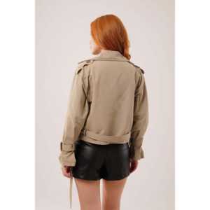 Abrigo corto de mujer Bey, estilo gabardina, doble botonadura, con cinturón, manga larga, tejido, cortavientos, para todas las estaciones, estilo utilitario. - Product Image 1